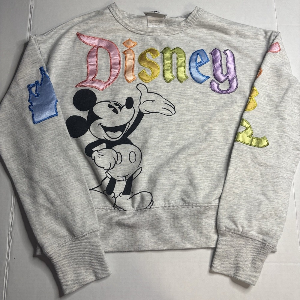 Disney Parks Mickey Mouse Sweatshirt Youth Large Rainbow Satin Embroidered Gray